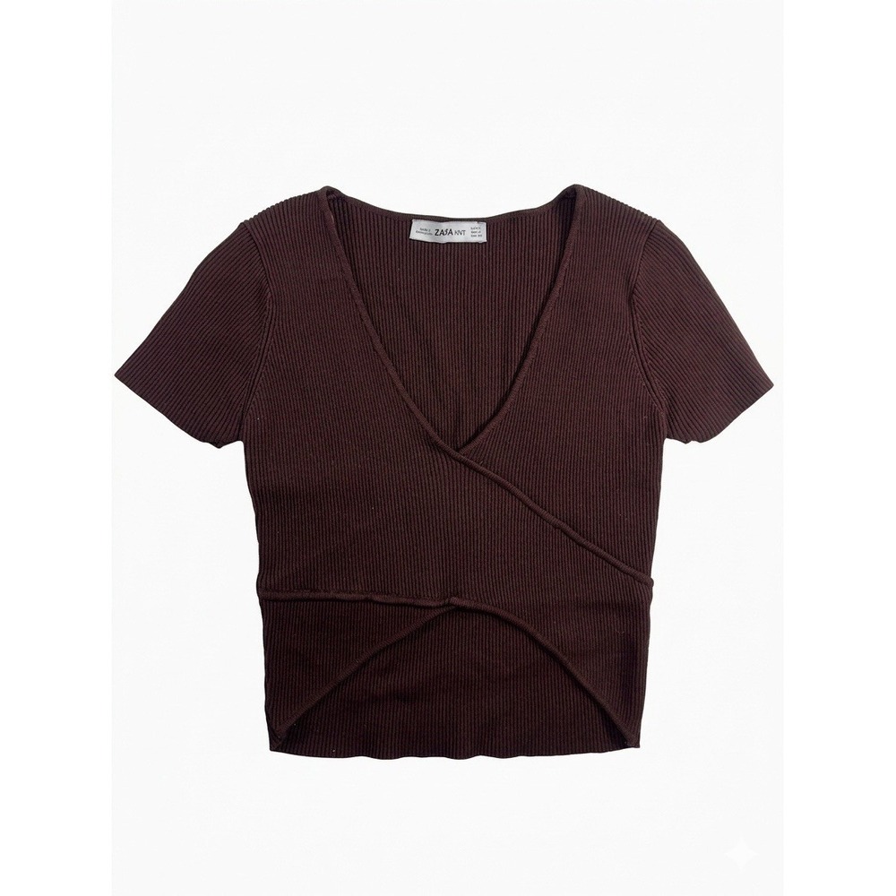 ZARA Knit Brown Ribbed Wrap Crop Top Women's Size M Short Sleeve V-Neck